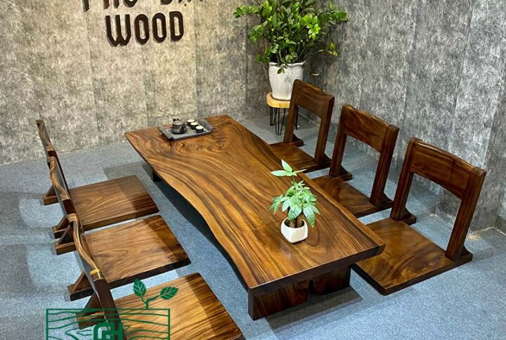 Bàn trà gỗ me tây 6 ghế bệt tựa lưng - Phú Đạt Wood