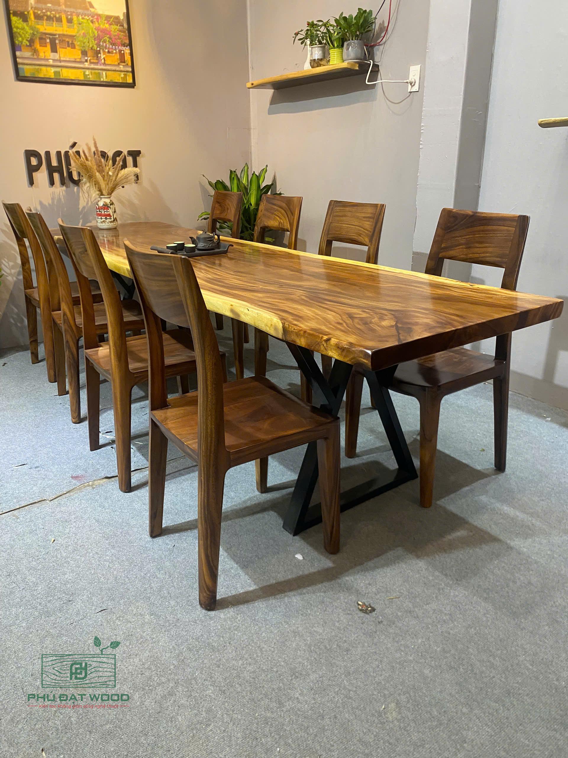 Bộ bàn ăn 8-10 ghế gồi gỗ me tây
