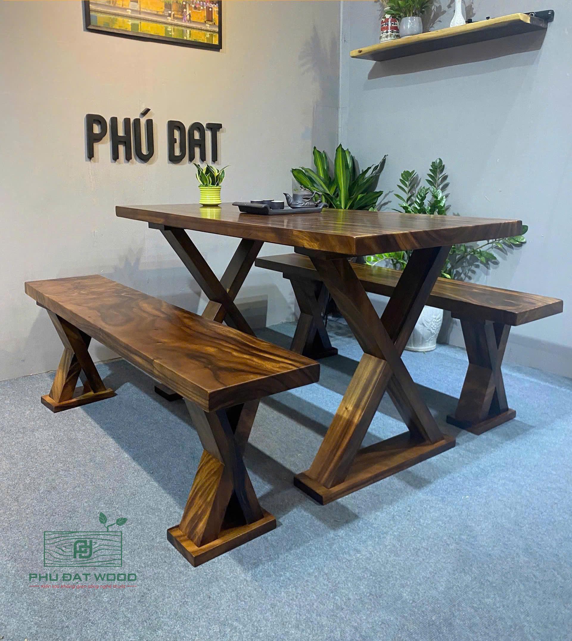 Bộ bàn ăn gỗ me tây nguyên khối PĐ 150x70